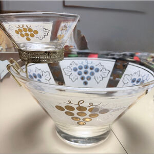 Vintage MCM Glass Chip & Dip Bowl Set Gold Grape Pattern w/ Metal Bracket 1960s